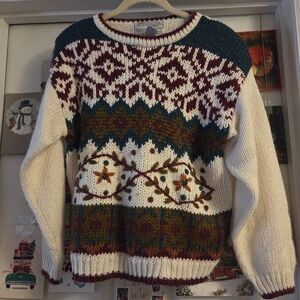 Festive Knit Cute cream off white Medium woman's sweater with shoulder pads vint